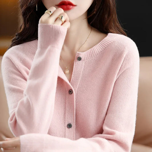 Autumn Winter Women's Cashmere Open Cardigan Loose Knitted Sweater Base Layer Trendy Small Outerwear Top Crew Neck