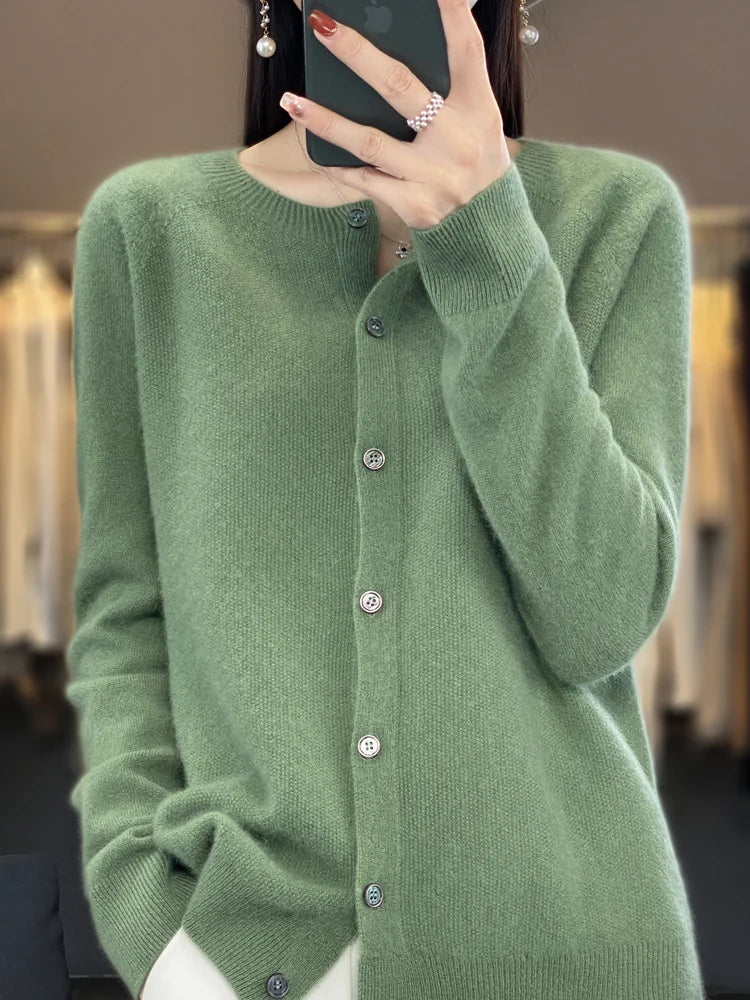 New Fashion Spring 100% Merino Wool Womens O-neck Cardigan Cashmere Sweater 2024 Female Clothing Grace Knitwear Korean Tops
