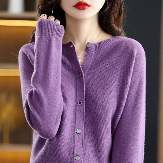 Autumn Winter Women's Cashmere Open Cardigan Loose Knitted Sweater Base Layer Trendy Small Outerwear Top Crew Neck